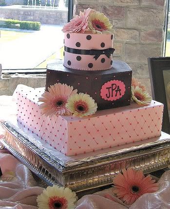 Pink and Chocolate Brown Wedding Cake with garberas