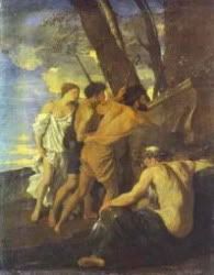 Poussin's 1627 version of the 'Arcadian Shepherds', depicting a different tomb with the same inscription