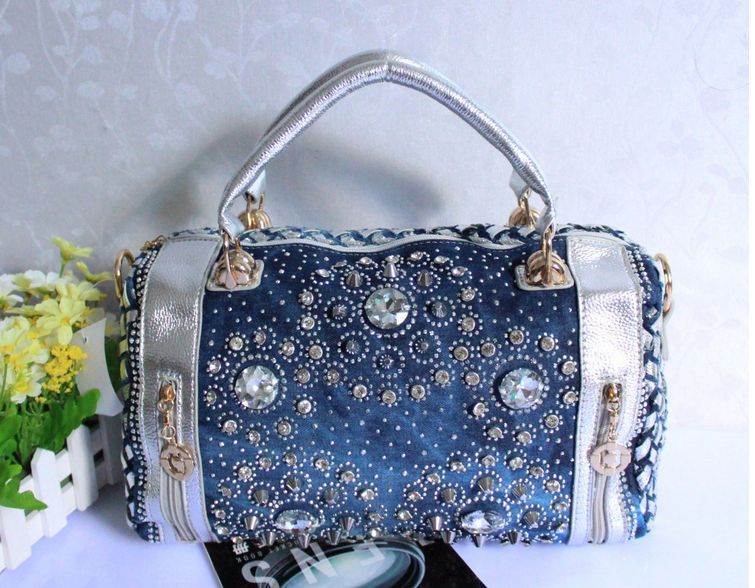New Women's Denim Jean Crystal Rhinestone Beads Bling Handbag Shoulder ...